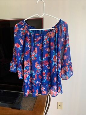 Massini Royal Blue Floral Off-Shoulder Ruffle Blouse